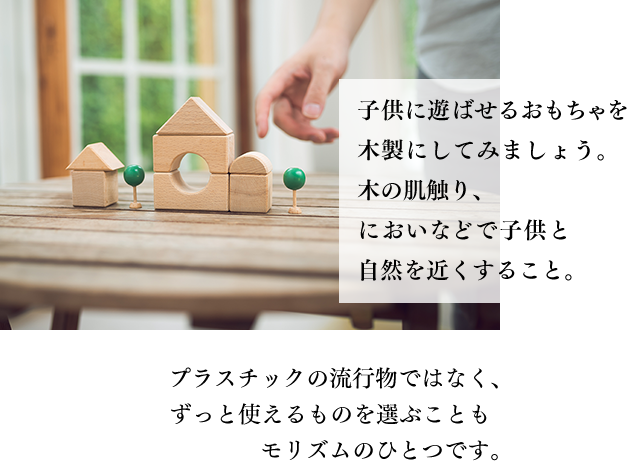 子供に遊ばせるおもちゃを木製にしてみましょう。木の肌触り、においなどで子供と自然を近くすること。 プラスチックの流行物ではなく、ずっと使えるものを選ぶこともモリズムのひとつです。
